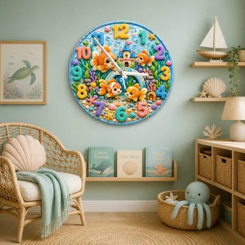 Niedliche Goldfisch-Ozean Wanduhr für Kinderzimmer | Unterwasser-Seeleben Kinderzimmer Dekor, Babyparty Geschenk für Jungen oder Mädchen (34,5 cm) alternative Ansicht