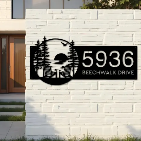 Vista alternativa de Custom Metal Sunset Scene Metal Address Sign, House number, Outdoor Number Signage, Yard Sign Address Plate