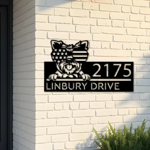 Custom Metal Yorkshire dog US flag glasses Metal Address Sign House number Hanging Address Plaque Yard Sign Outdoor decor