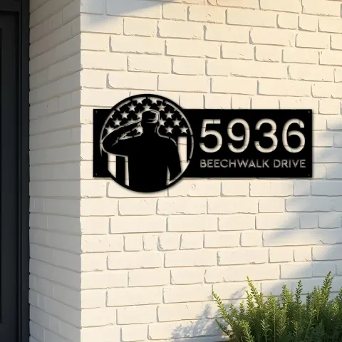 Custom Metal US soldier American Flag Veteran Metal Address Sign, House number, Outdoor Number Signage, Yard Sign Address Plate