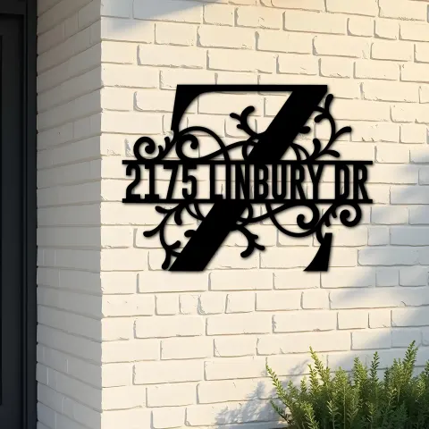 Custom Metal Floral Monogram Split Letter Z Metal Address Sign House number Hanging Address Plaque Yard Sign Outdoor decor