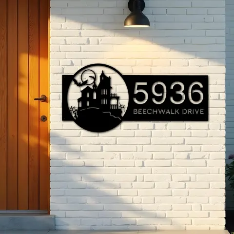 Vue alternative de Custom Metal Halloween house Metal Address Sign, House number, Outdoor Number Signage, Yard Sign Address Plate