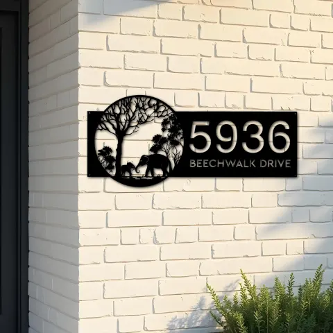 Custom Metal Elephants mother and child in forest Metal Address Sign, House number, Outdoor Number Signage, Yard Sign Address Plate