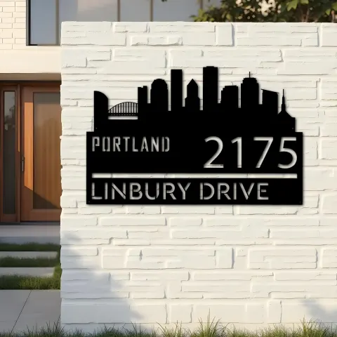 Vista alternativa de Custom Metal Portland city skyline Metal Address Sign Hanging Address Plaque house number Yard Outdoor Sign