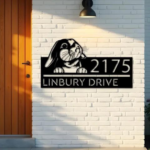 Vue alternative de Custom Metal Cute Bunny Rabbit farm animal Metal Address Sign, House number, Outdoor Number Signage, Yard Sign Address Plate