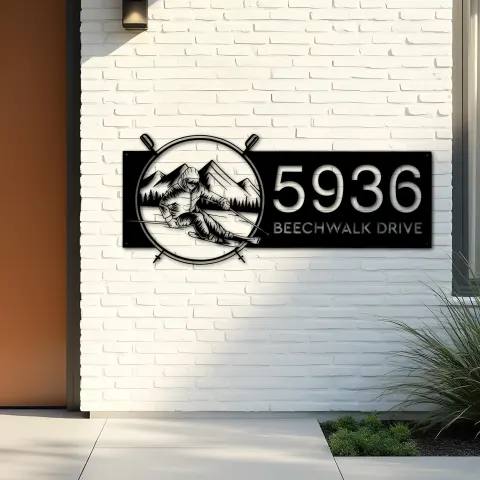 Vista alternativa de Custom Metal Skiing Ski winter sport Metal Address Sign, House number, Outdoor Number Signage, Yard Sign Address Plate