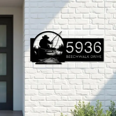 Vue alternative de Custom Metal Fisherman in boat fishing Metal Address Sign, House number, Outdoor Number Signage, Yard Sign Address Plate