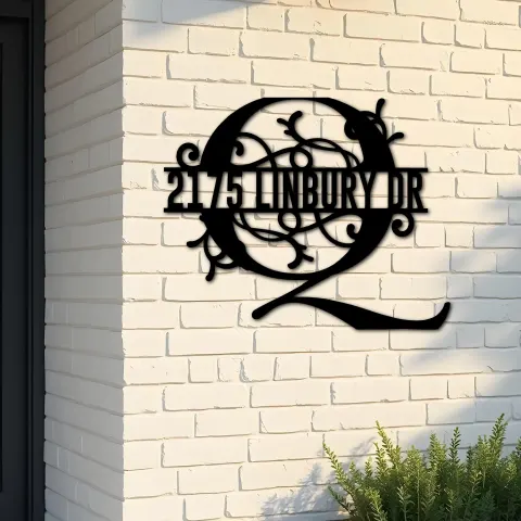 Custom Metal Floral Monogram Split Letter Q Metal Address Sign House number Hanging Address Plaque Yard Sign Outdoor decor