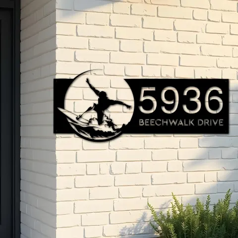 Custom Metal Surfer surfing Metal Address Sign, House number, Outdoor Number Signage, Yard Sign Address Plate