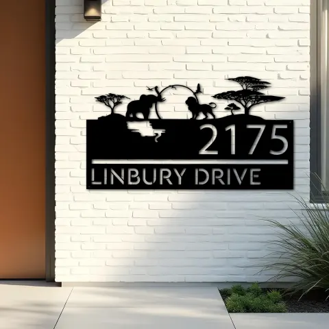 Vista alternativa de Custom Metal Safari scene african wild life Metal Address Sign, House number, Outdoor Number Signage, Yard Sign Address Plate