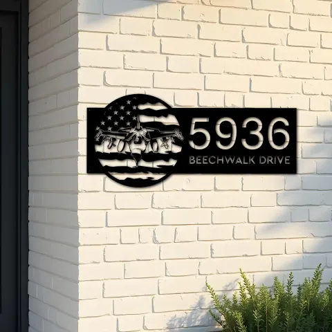 Custom Metal F 16 fighter airplane US flag Metal Address Sign House number Hanging Address Plaque Yard Sign Outdoor
