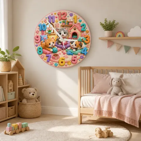 Verspielte Pastell-Kätzchen Wanduhr für Kinderzimmer | Niedliche Katzen-Nursery Dekoration, Wandkunst für das Schlafzimmer eines Mädchens & Geburtstags-Andenken (34,5 cm)