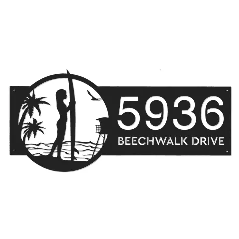 Vue alternative de Custom Metal Longboard Female Surfer Metal Address Sign, House number, Outdoor Number Signage, Yard Sign Address Plate