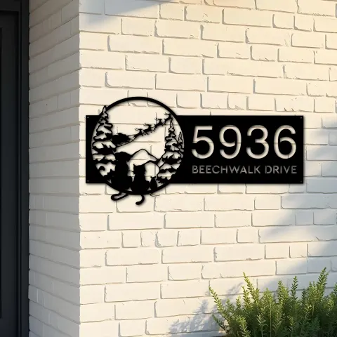 Custom Metal Christmas Dog cat Santa Claus on sleigh Metal Address Sign, House number, Outdoor Number Signage, Yard Sign Address Plate