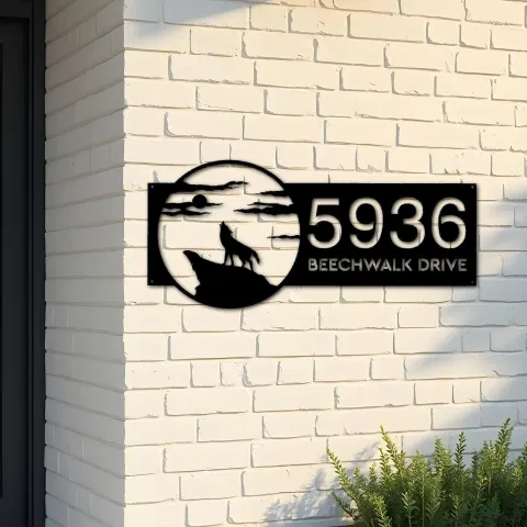 Custom Metal Wolf howling full moon wild animal Metal Address Sign, House number, Outdoor Number Signage, Yard Sign Address Plate