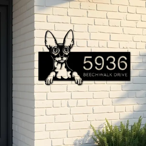 Custom Metal Cornish rex Cute peeking cat kitten Metal Address Sign, House number, Outdoor Number Signage, Yard Sign Address Plate