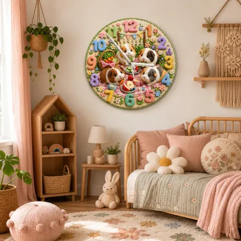 Meerschweinchen-Picknick Wanduhr für Kinderzimmer | Verspielt Pastell Tier-Kinderzimmer Dekor, Süßes Babyparty Geschenk für das Mädchenzimmer (34,5 cm)