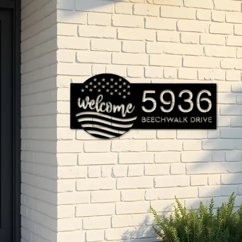 Custom Metal Welcome US flag 4th of July Metal Address Sign House number Hanging Address Plaque Yard Sign Outdoor decor