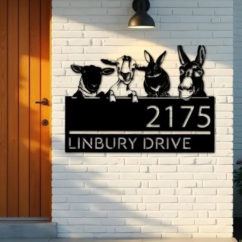 Vue alternative de Custom Metal Goat Sheep Donkey rabbit farmhouse Metal Address Sign House number Hanging Address Plaque Yard Sign Outdoor decor