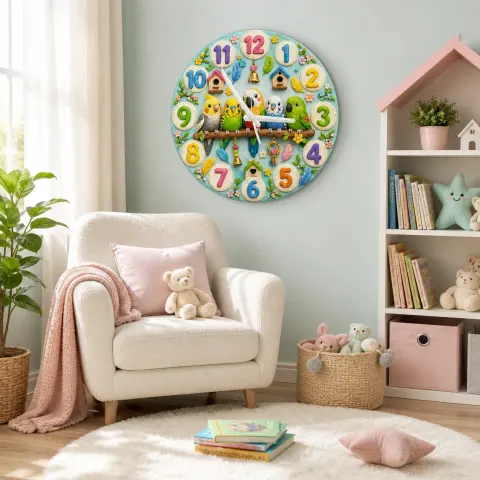 Verspielt Bunte Vögel Wanduhr für Kinderzimmer | Fröhliche Natur Kinderzimmer Dekoration, Babyparty Geschenk für Jungen und Mädchen (34,5 cm)