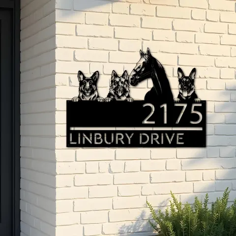 Custom Metal German shepherd Dogs and horse Metal Address Sign House number Hanging Address Plaque Yard Sign Outdoor decor