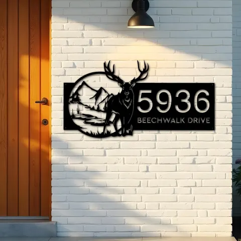 Vue alternative de Custom Metal Deer mountain wild scene Metal Address Sign, House number, Outdoor Number Signage, Yard Sign Address Plate