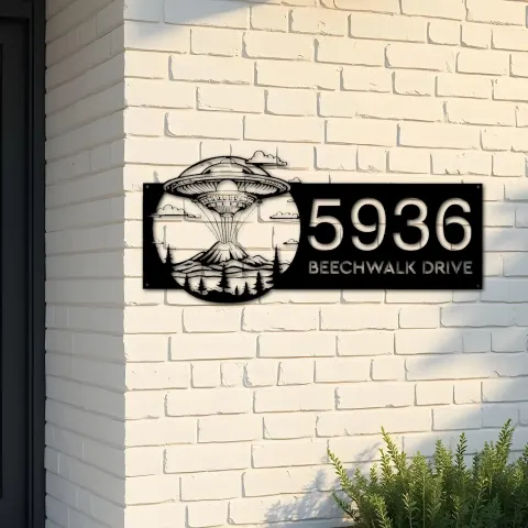 Custom Metal UFO Spaceship Metal Address Sign, House number, Outdoor Number Signage, Yard Sign Address Plate