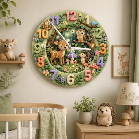 Wanduhr mit verzauberten Waldtieren für das Kinderzimmer | Märchenhafte Wald-Dekoration, Babyparty-Geschenk für Jungen und Mädchen (34,5 cm)