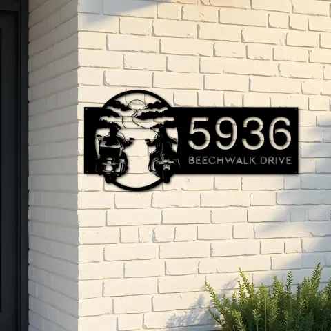 Custom Metal Biker brothers sunset Motocycle rider Metal Address Sign, House number, Outdoor Number Signage, Yard Sign Address Plate