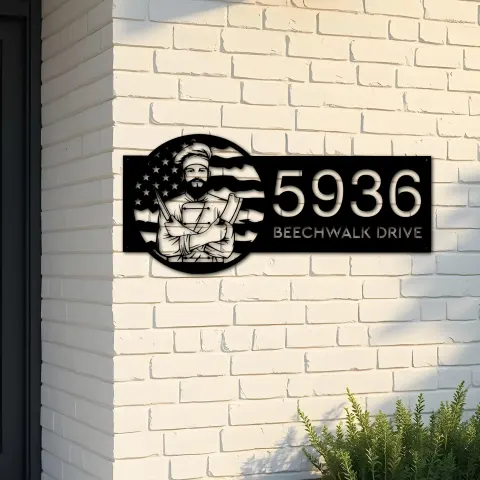 Custom Metal Chef cook cooking US flag Metal Address Sign, House number, Outdoor Number Signage, Yard Sign Address Plate