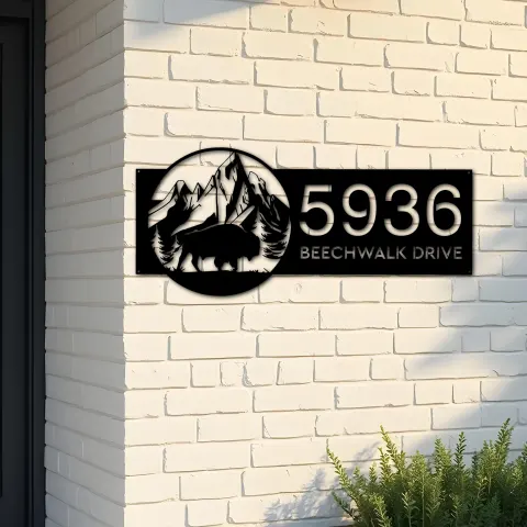 Custom Metal Bison buffalo on mountain Metal Address Sign, House number, Outdoor Number Signage, Yard Sign Address Plate