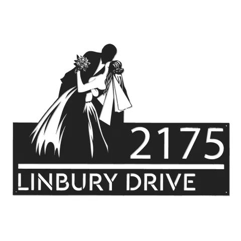 Vue alternative de Custom Metal Kissing bride and groom Metal Address Sign, House number, Outdoor Number Signage, Yard Sign Address Plate