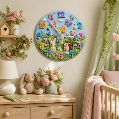 Waldkaninchen & Igel Wanduhr für Kinderzimmer | Pastell Frühling Wiesen Dekoration, Einzigartiges Geschenk zur Babyparty für Mädchen (34,5 cm)