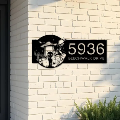 Custom Metal Alien on the Desert UFO Metal Address Sign House number Hanging Address Plaque Yard Sign Outdoor