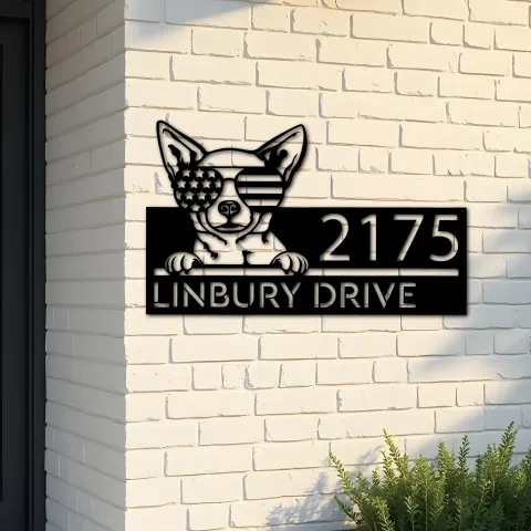 Custom Metal Chihuahua dog US flag glasses Metal Address Sign House number Hanging Address Plaque Yard Sign Outdoor decor