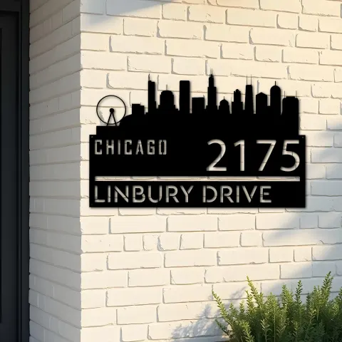 Custom Metal Chicago city skyline Metal Address Sign Hanging Address Plaque house number Yard Outdoor Sign