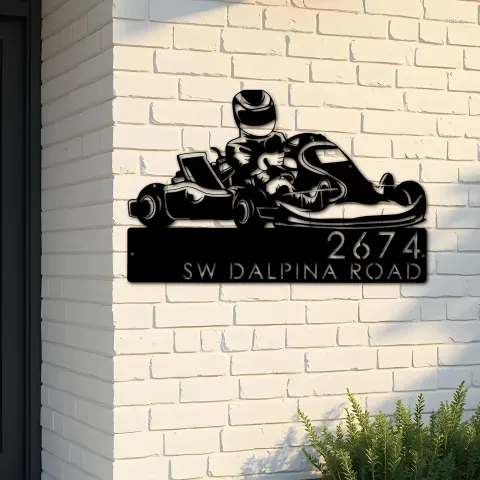 Custom Metal Go kart driver racing Metal Address Sign, House number, Outdoor Number Signage, Yard Sign Address Plate