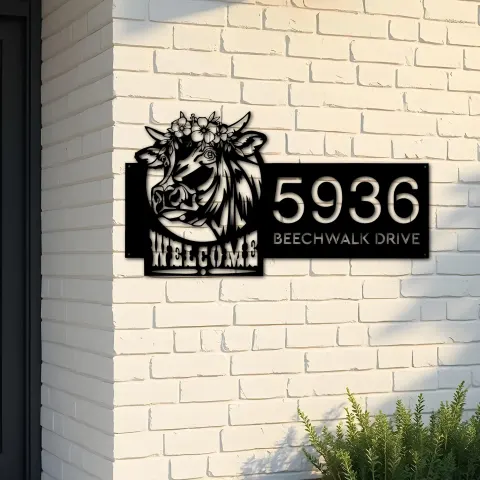 Custom Metal Cow Farm house Ranch welcome Metal Address Sign, House number, Outdoor Number Signage, Yard Sign Address Plate