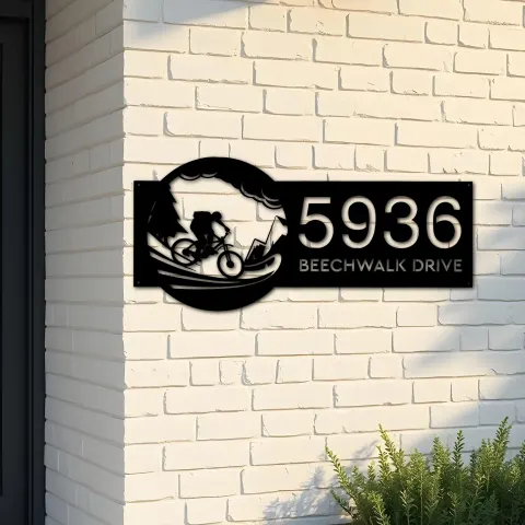 Custom Metal Mountain Bike Bicycle Cyclist Metal Address Sign, House number, Outdoor Number Signage, Yard Sign Address Plate