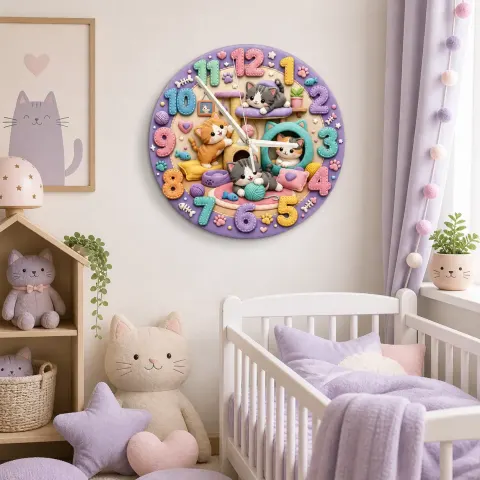 Horloge murale pour chambre d'enfants avec des chatons ludiques | Décoration de nursery thème chat pastel, cadeau mignon pour bébé fille ou garçon (34,5 cm)