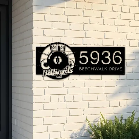Custom Metal Billiard pool club Metal Address Sign, House number, Outdoor Number Signage, Yard Sign Address Plate