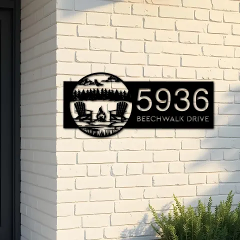Custom Metal Forest Camping with Chairs and Fire Scene Metal Address Sign, House number, Outdoor Number Signage, Yard Sign Address Plate