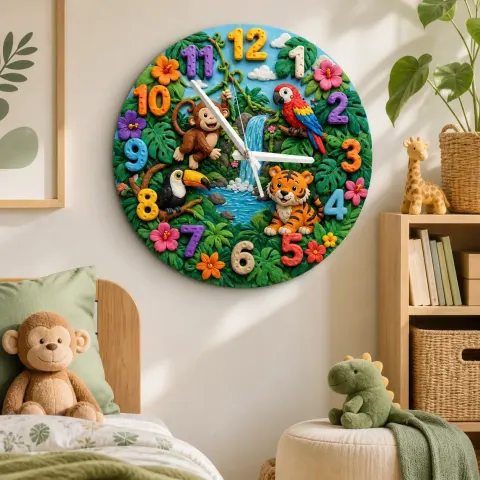 Dschungel-Safari Tier Wanduhr für Kinderzimmer | Tropischer Regenwald Dekoration, Geschenk zur Babyparty für Jungen & Mädchen (34,5 cm)