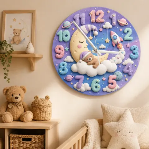 Pastell Weltraum Schlafender Bär Wanduhr für Kinderzimmer | Traumhafter Mond & Rakete Dekor für das Kinderzimmer, Süßes Geschenk zur Babyparty (34,5 cm) alternative Ansicht