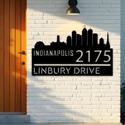 Vue alternative de Custom Metal Indianapolis city skyline Metal Address Sign Hanging Address Plaque house number Yard Outdoor Sign
