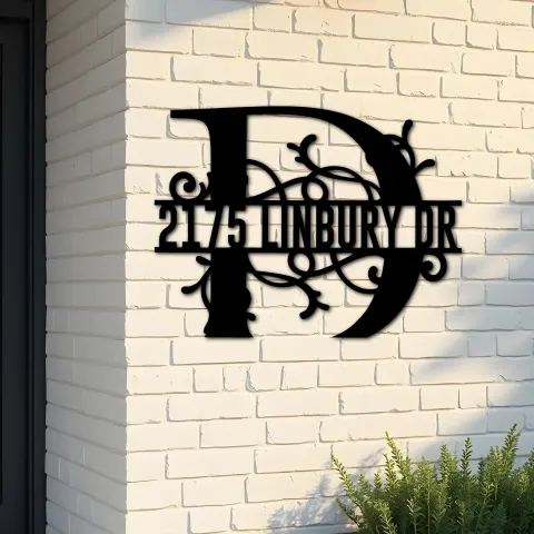 Custom Metal Floral Monogram Split Letter D Metal Address Sign House number Hanging Address Plaque Yard Sign Outdoor decor