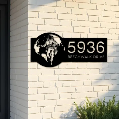 Custom Metal Astronaut on globe spaceman adventure Address Sign House number Hanging Address Plaque Yard Sign Outdoor Sign