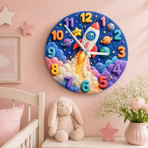 Niedliche Weltraum Rakete Wanduhr für Kinderzimmer | Bunte Galaxie Dekoration für das Kinderzimmer, Geschenk für den Geburtstag eines kleinen Jungen (34,5 cm)