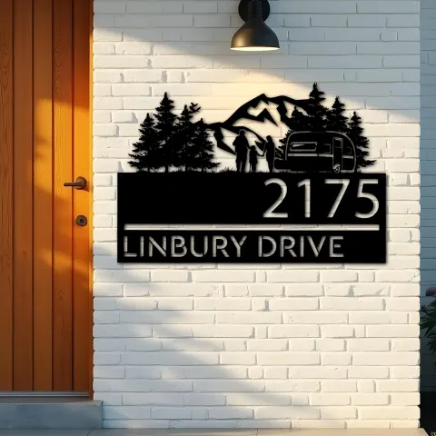 Vista alternativa de Custom Metal Camping trailer mountain pine tree Metal Address Sign, House number, Outdoor Number Signage, Yard Sign Address Plate