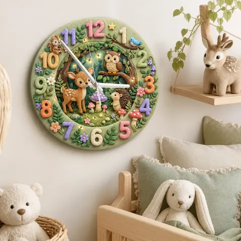 Wanduhr mit verzauberten Waldtieren für das Kinderzimmer | Märchenhafte Wald-Dekoration, Babyparty-Geschenk für Jungen und Mädchen (34,5 cm) alternative Ansicht